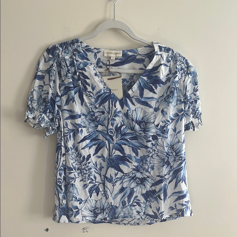 Cynthia Rowley Floral Top Blue‎ White NWT Cottagecore Feminine Romantic Picnic
